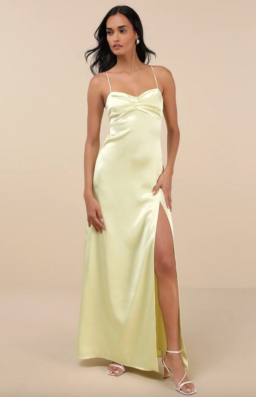 Lulus Stunning Example Light Yellow Satin Backless Maxi Dress Long Formal XL NWT